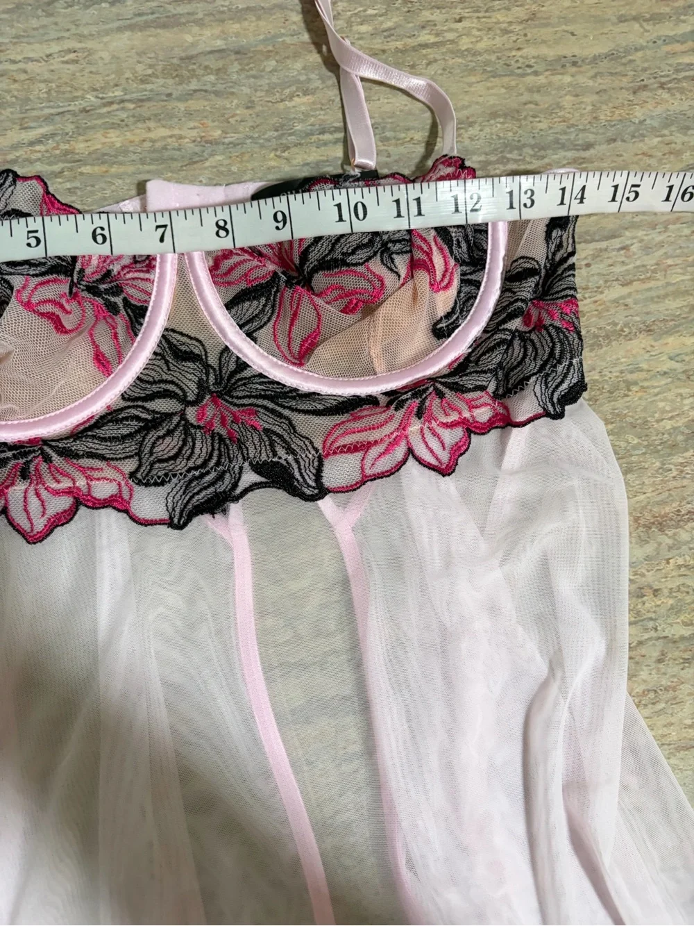 NWOT Oh La La Cheri Paris Pink Floral Embroidered Sheer Babydoll & Panty Set